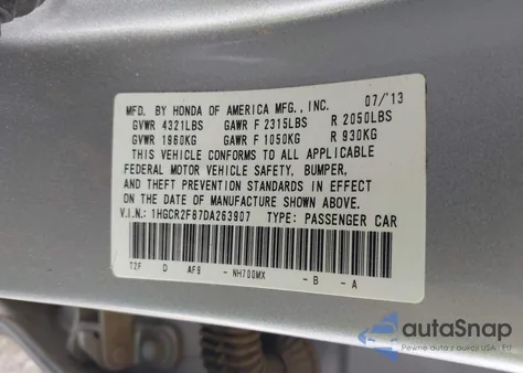 2013 Honda Accord Ex-L from USA, damaged, VIN 1HGCR2F87DA263907
